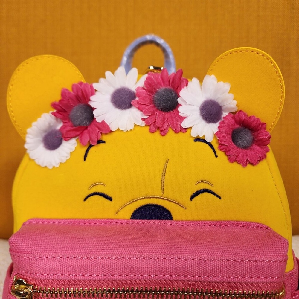 Disney Loungefly Winnie the Pooh Flower Crown Pink Flocked Mini Backpack, NWT. - Picture 3 of 9